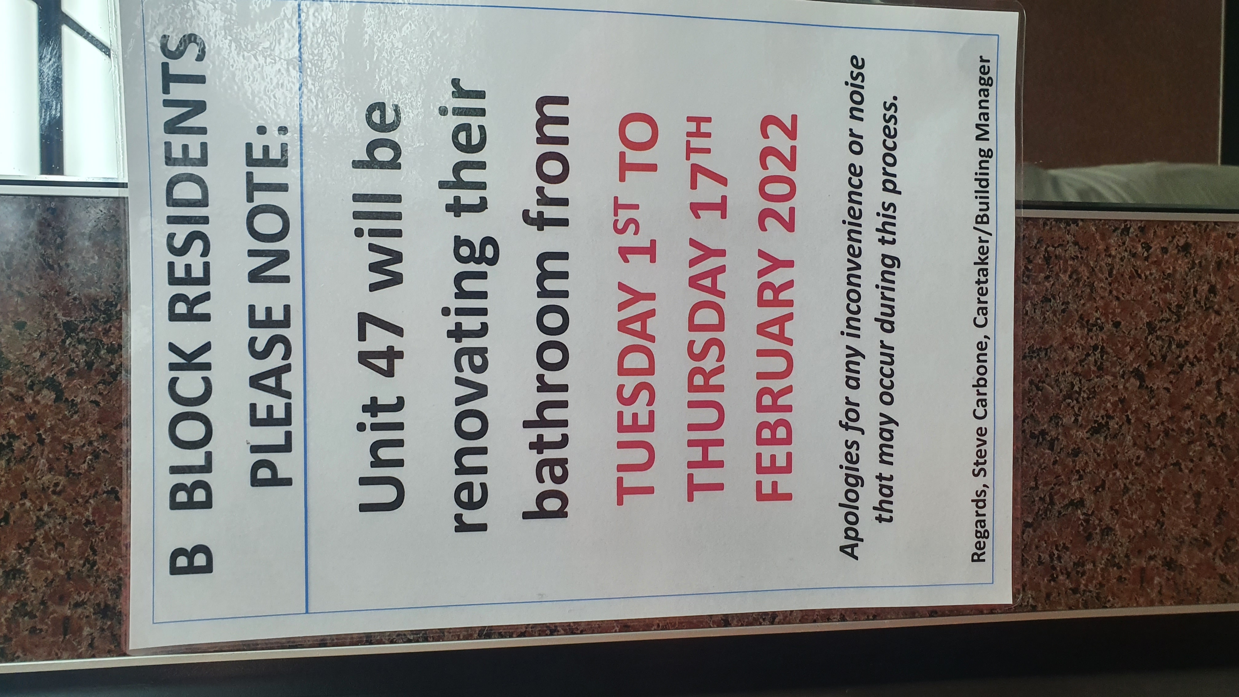 SP52948-Block-B-notice-in-elevator-Lot-47-bathroom-renovation-photo-1-5Feb2022
