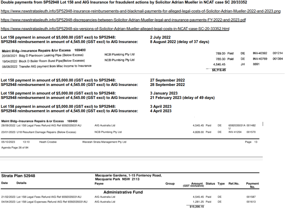 SP52948-Waratah-Strata-Management-deliberate-delays-with-repayments-to-insurance-company-for-Solicitor-Adrian-Mueller-legal-costs-2023