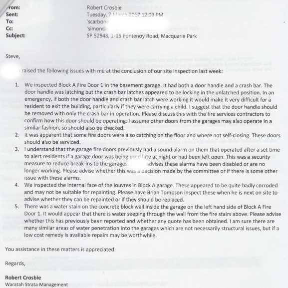SP52948-Waratah-Strata-Management-warning-building-manager-about-fire-safety-issues-reported-by-Lot-158-7Mar2017