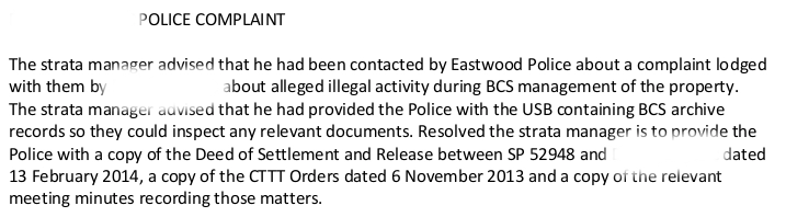 SP52948-extract-from-committee-meeting-reporting-Police-complaint-by-Lot-158-which-BCS-Strata-Management-refused-to-cooperate-with-12Apr2018.webp