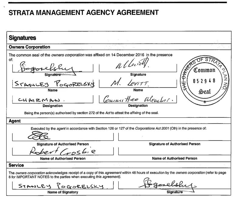 SP52948-Waratah-Strata-Management-contract-signed-by-two-unfinancial-owners-Stan-Pogorelsky-and-Moses-Levitt-14Dec2016