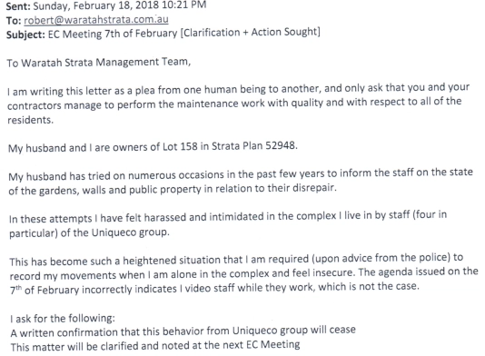 SP52948-Waratah-Strata-Management-ignored-desperate-plea-by-Lot-158-female-to-prevent-her-stalking-and-harassment-18Feb2018